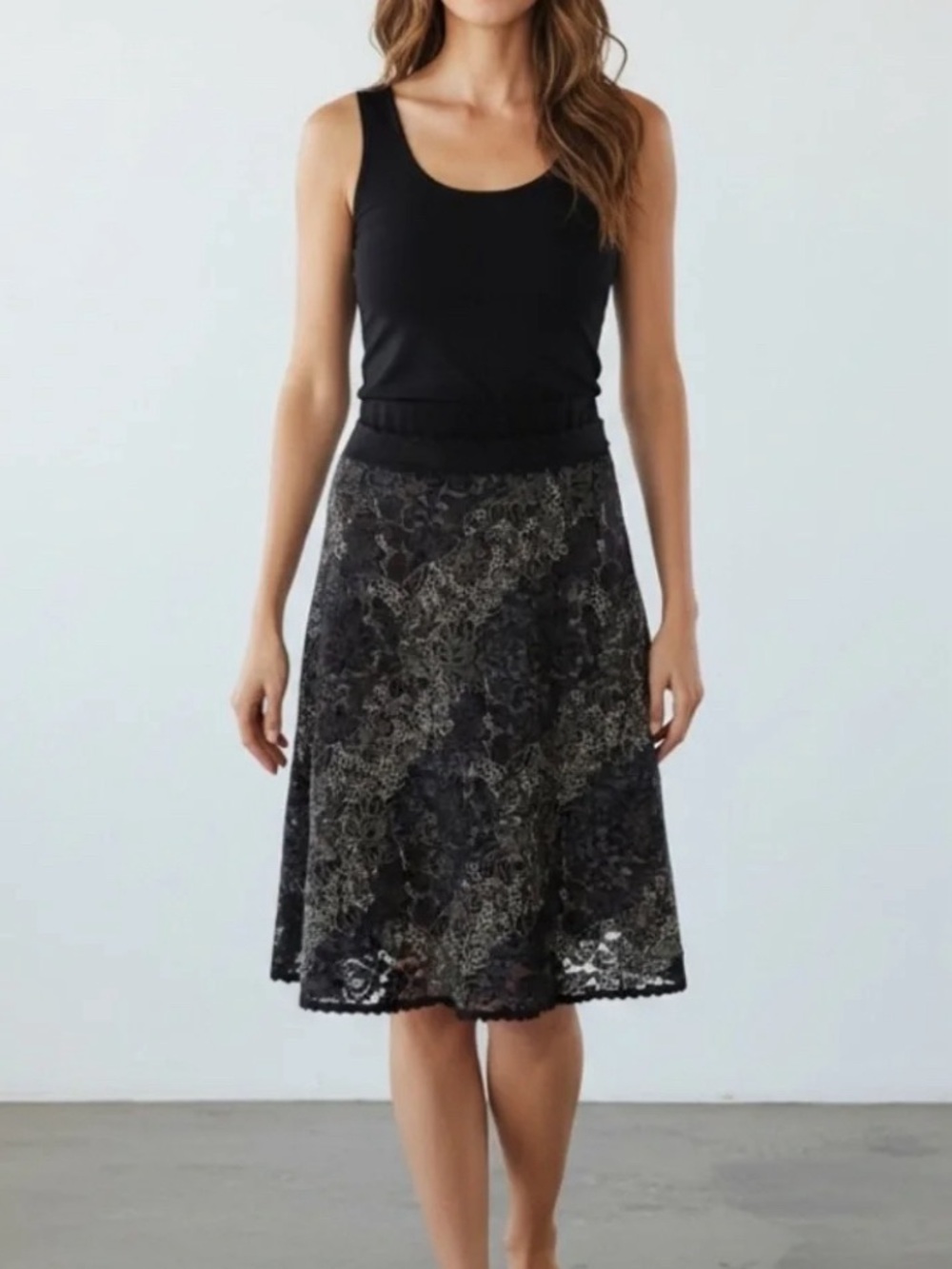 Cabi Black Lace Overlay and Waistband A-Line Skirt Size Medium
